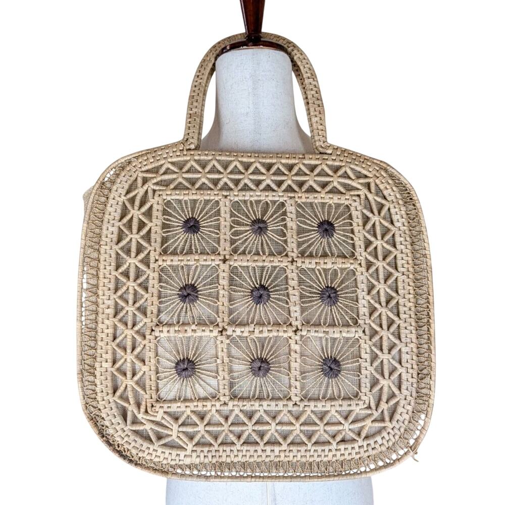 Vintage Woven Straw Natural Tote Bag Floral Bag Cottagecore Boho Raffia Square